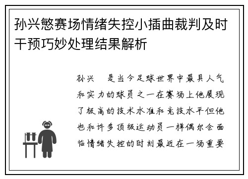 孙兴慜赛场情绪失控小插曲裁判及时干预巧妙处理结果解析