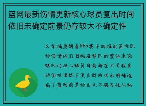 篮网最新伤情更新核心球员复出时间依旧未确定前景仍存较大不确定性