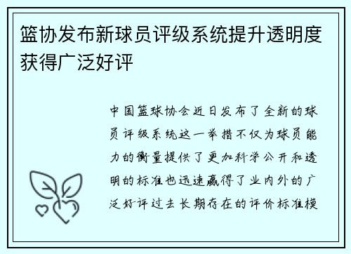 篮协发布新球员评级系统提升透明度获得广泛好评